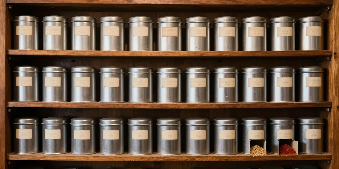 The standing rack in the shop: four wooden shelves of plain tin canisters, a few open to show ground red and ochre spice, lit by warm dim light.