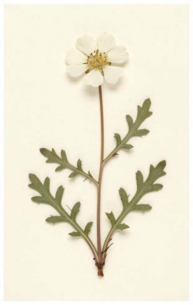 Pressed specimen of Dryas octopetala: a sprawling woody mat of small leathery leaves with one eight-petalled white flower, mounted on cream sheet paper.
