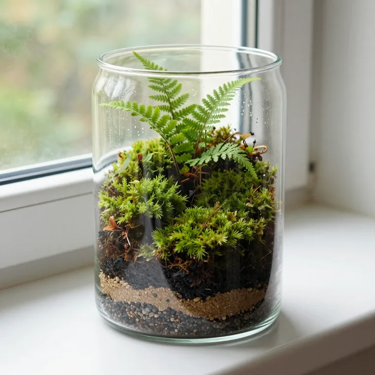 A sealed glass cloche terrarium on a windowsill, its layered strata of moss, dark loam, black charcoal, sand and gravel visible through the glass, with condensation on the inner surface.