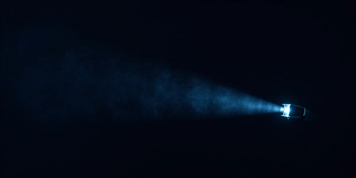 Black midwater with drifting specks of marine snow caught in a dim beam
