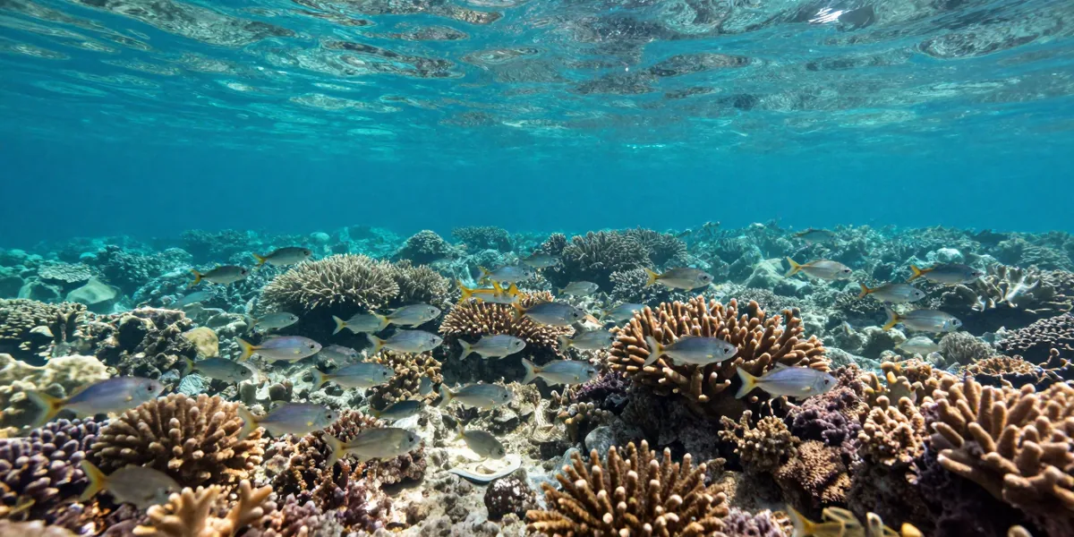 A sunlit coral reef shelf with a school of small silver fish in clear turquoise water
