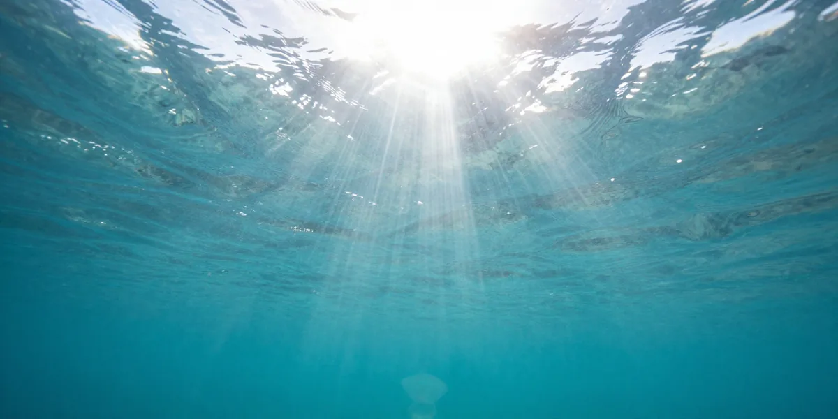 Sunlight breaking through the rippling underside of the ocean surface