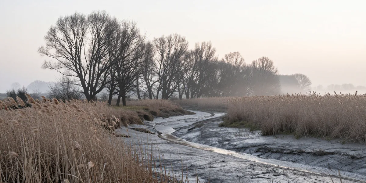 The tidal alder belt at dawn: bare alders along a saltmarsh creek with reeds and grey mudflats