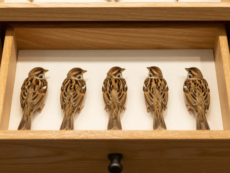 A shallow museum drawer of preserved study skins laid out in rows on pale card