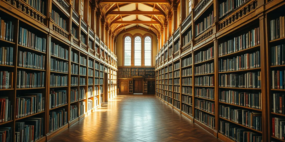 The west stacks of the Ashgrove Reading Room: tall oak ranges of books receding down an empty aisle under high windows.