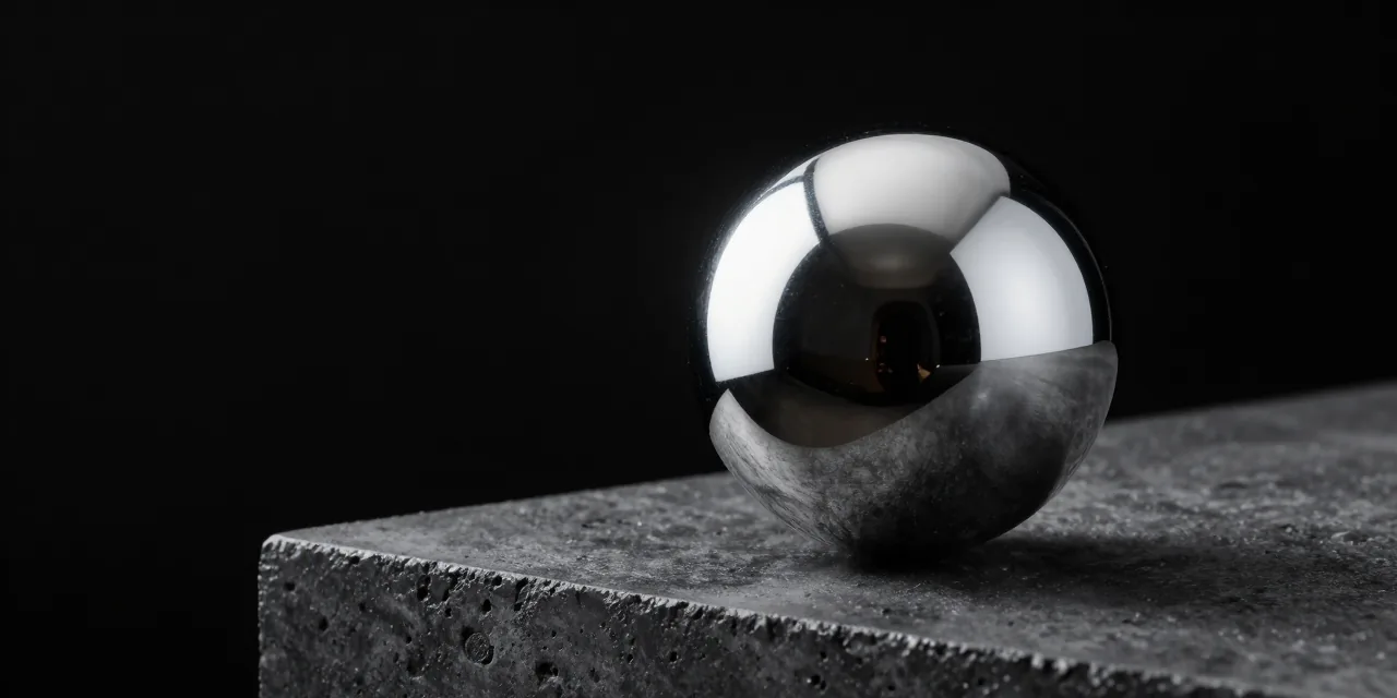 The M1 ORB, a mirror-polished chrome sphere, resting on a rough concrete plinth in a darkened studio