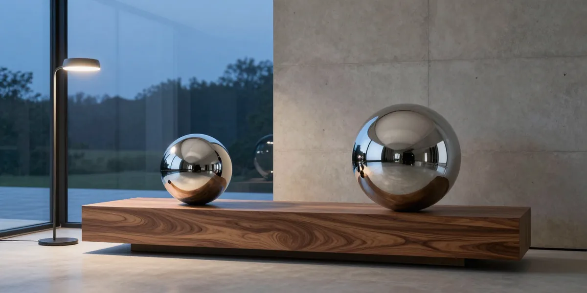 A concrete living room at dusk with an M1 ORB on a low walnut console beside a warm floor lamp