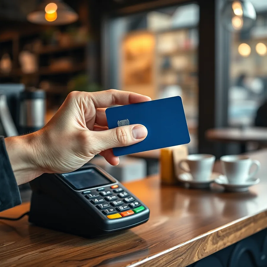 A hand holding a deep blue payment card above a card terminal on a cafe counter.