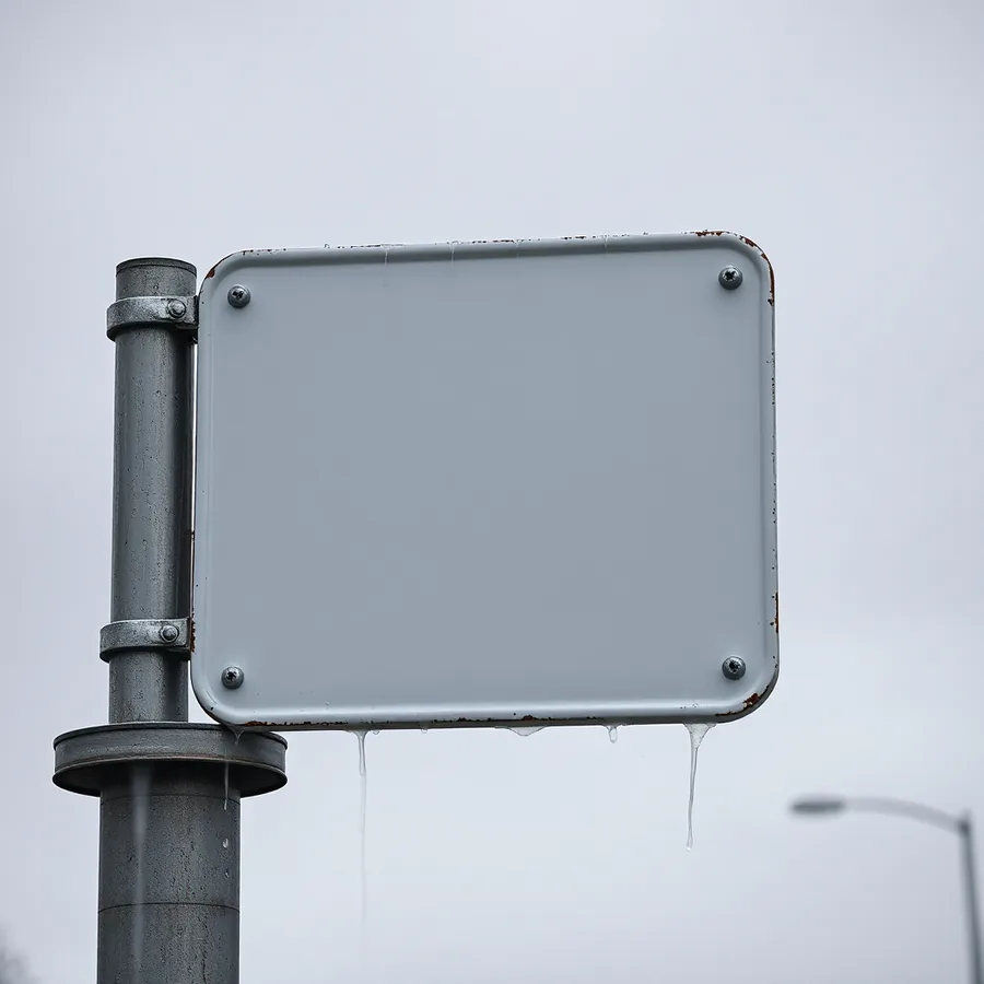 A blank enamel sign panel on a metal post in heavy rain, water running down its face.