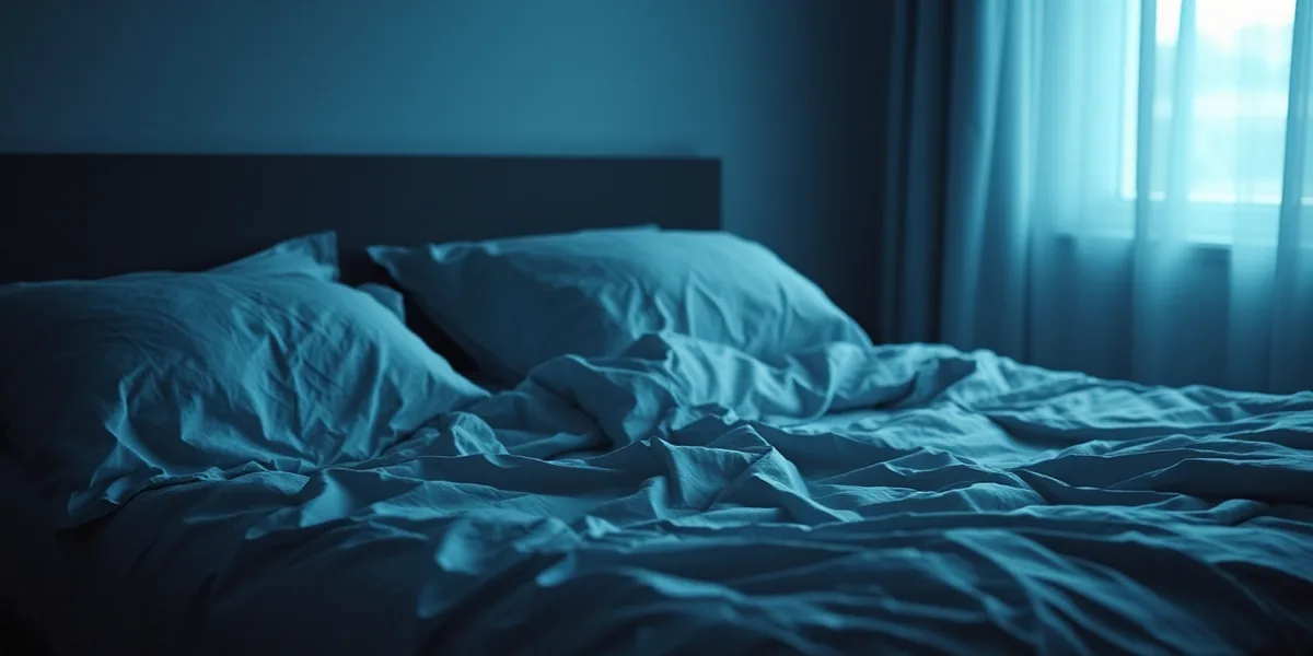 A dim bedroom before dawn, pale linen in cool blue half-light — the palette Halcyon was drawn from.