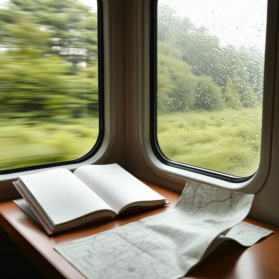 An open notebook and a folded paper map on a train table, green countryside blurring past the window.
