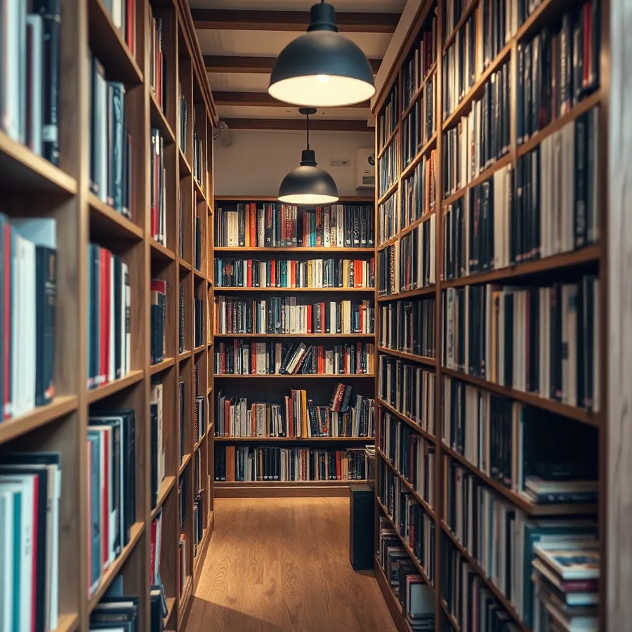 The interior of a small independent bookshop, tall oak shelves of books under warm pendant lamps.