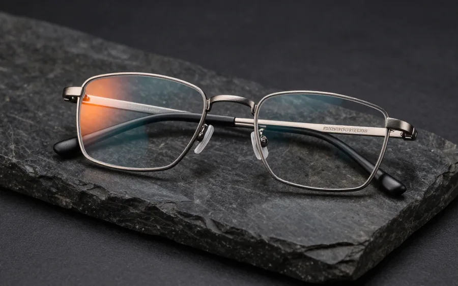 Thin titanium eyewear frames on a dark polished stone slab