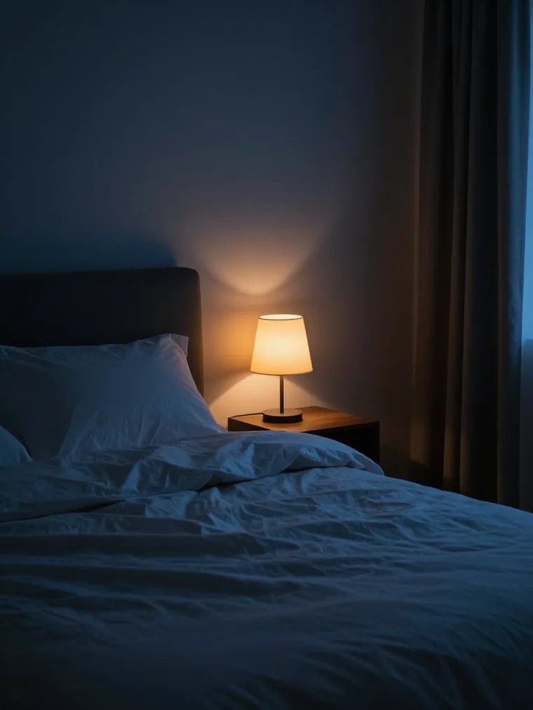 A dark bedroom before dawn lit by a single dim bedside lamp