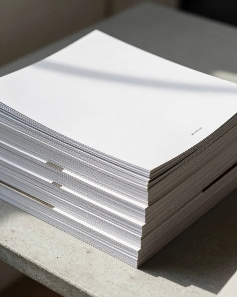A fanned stack of uncoated paper magazines on a concrete table