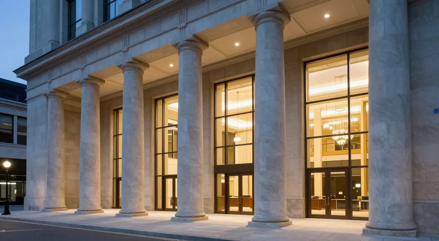The glass and stone lobby of a modern bank lit warm against a blue dusk