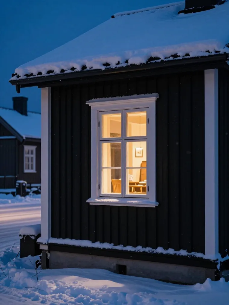 A single lit window in a black timber house on a snowy night street