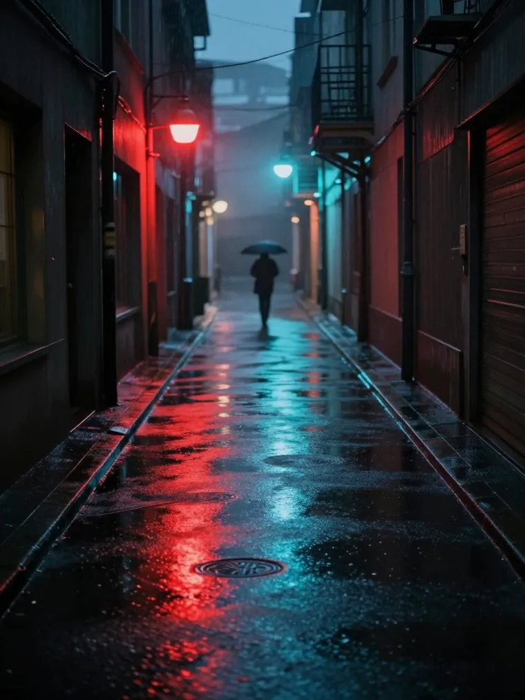 Red and cyan light reflected on the wet asphalt of a narrow alley at night