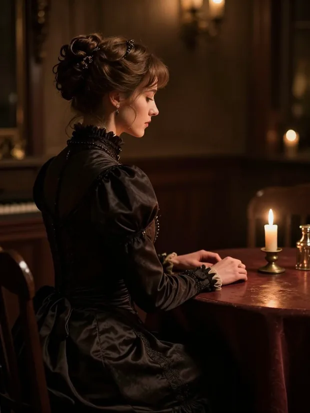 Mme. Ottoline Vane seated at the sitting-room table in a high-collared black dress, her face turned into shadow and both hands resting beside a single lit candle.