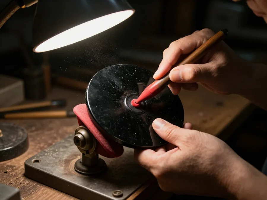 Hands in a dim workshop polishing an obsidian disc on a felt wheel with red jeweller's rouge
