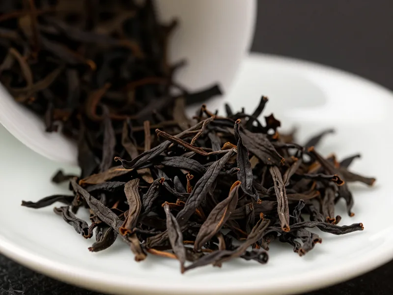 Dark loose black tea leaves spilled across a pale porcelain saucer