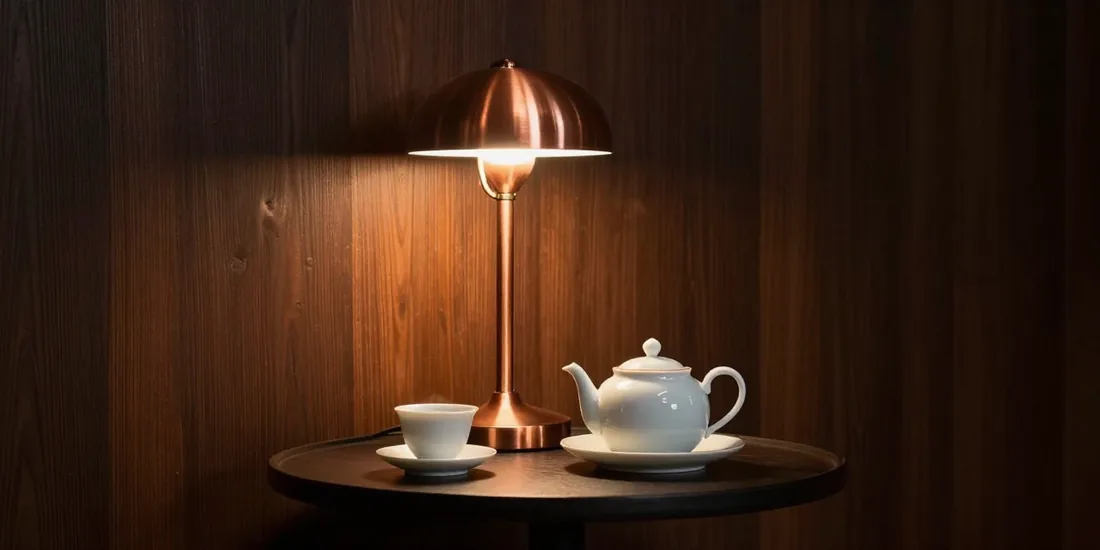 The back room at dusk: one copper lamp over a round table set with a porcelain teapot and cup