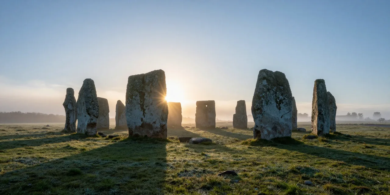 A circle of standing stones on open chalk grassland at dawn, the sun burning between two uprights