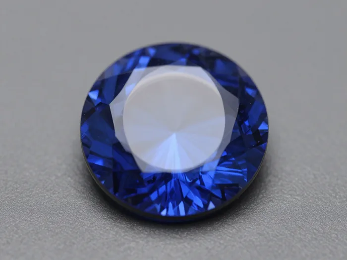 Macro of the polished synthetic sapphire window on a matte grey bench, showing its bevel and faint internal blue.