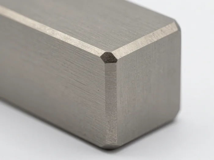 Macro of the bead-blasted grade-5 titanium shell at its machined chamfer, tool marks visible under raking light.