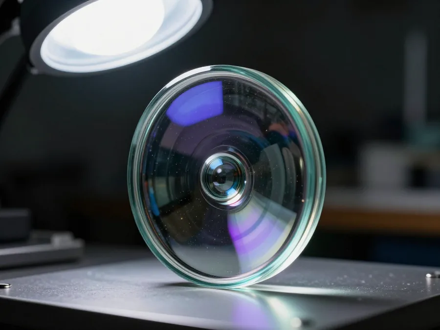 A gloved hand polishing a coated optical element under an inspection lamp