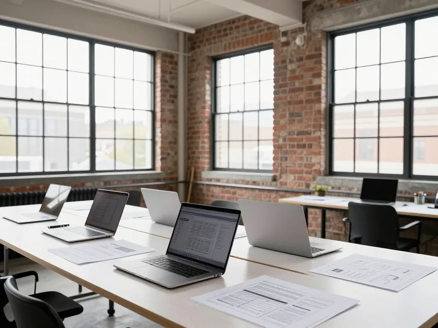 The New York room — a long shared work table of laptops and printed proof sheets under tall steel windows.