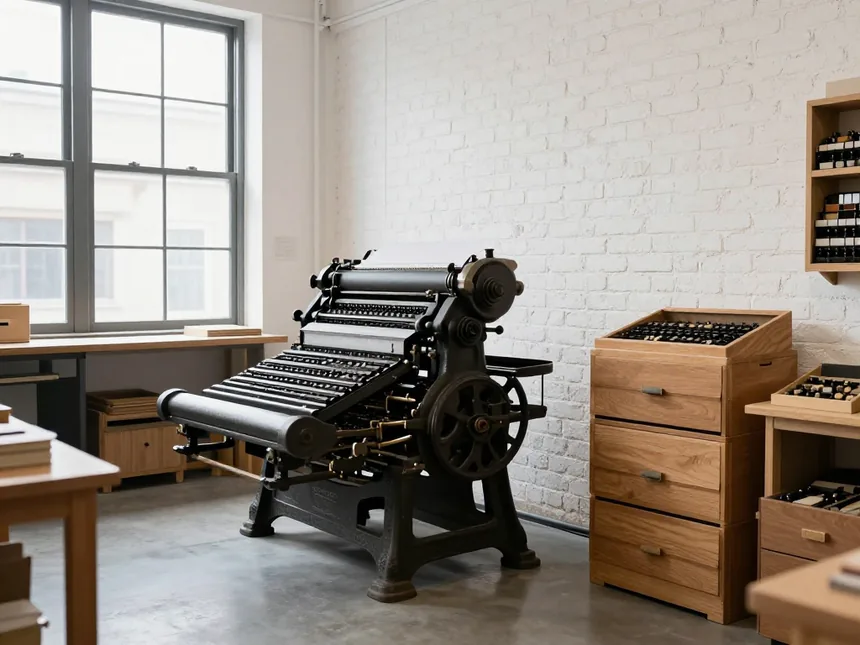 The Praha room — a cast-iron platen press against a whitewashed brick wall, wooden type cases stacked alongside it.