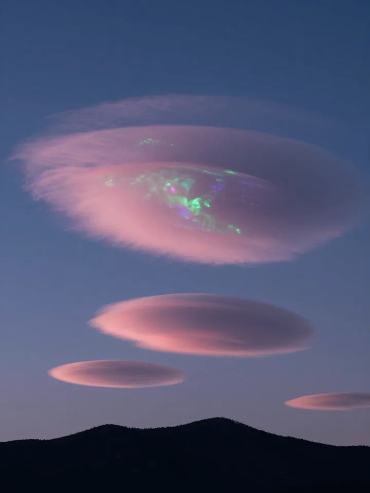 Pastel iridescent mother-of-pearl clouds glowing at twilight