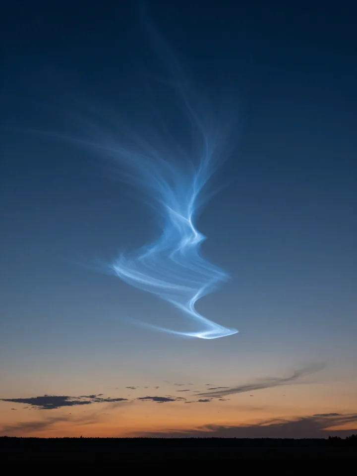 Electric-blue noctilucent cloud filaments over a deep twilight horizon