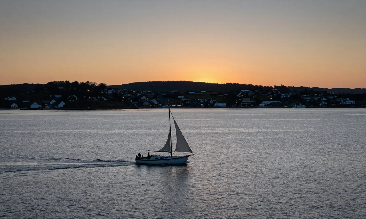 A small sailing cutter leaving a northern harbour before sunrise, low amber sun on iron-grey water