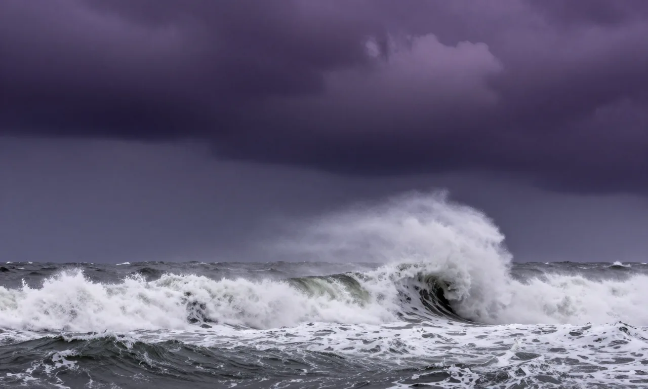 A squall over grey open ocean, walls of dark water and torn spray under a bruised storm cloud