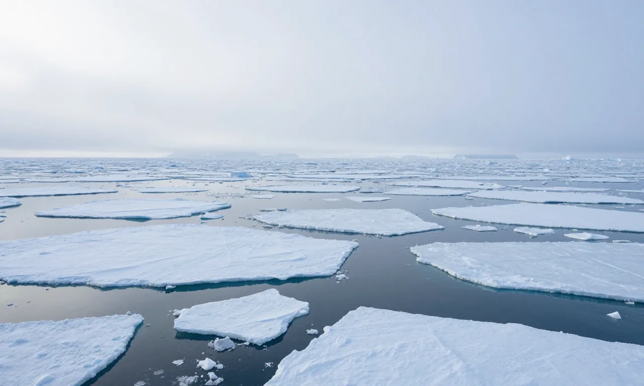 A field of scattered pale sea-ice floes on flat arctic water with low white fog beyond