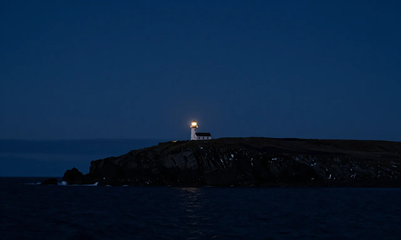 A black arctic headland at night carrying a single lighthouse flame above a dark sea
